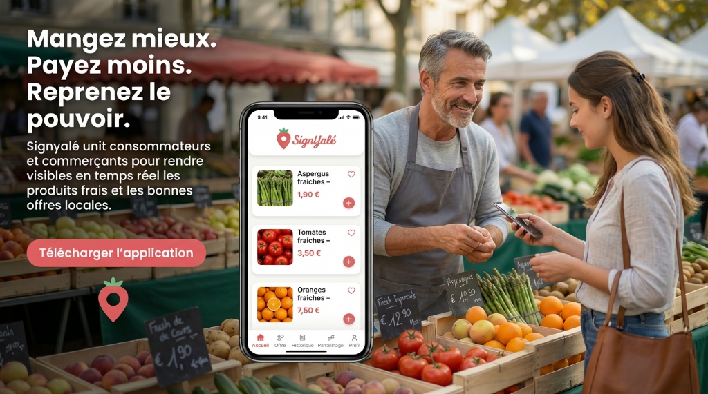 Aperçu de l'application Signyalé montrant des offres de produits frais